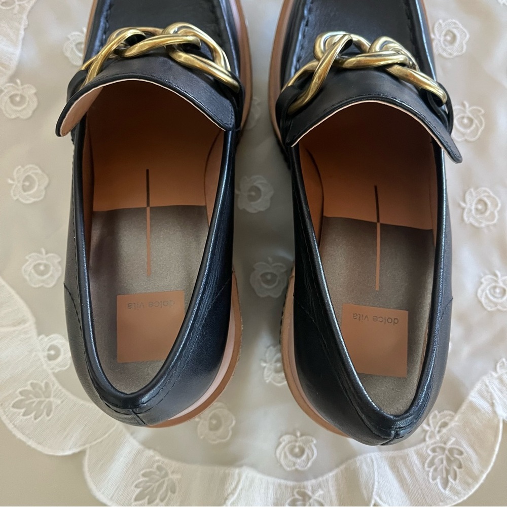 Dolce Vita Brennan Black Loafer Wedges with Gold Chain Detail - Picture 7 of 9
